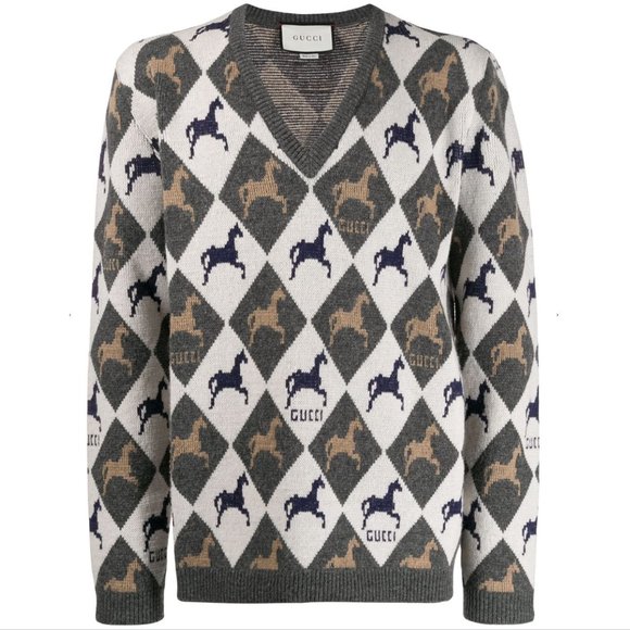 π₯³ππ HOST PICK πππ₯³ Gucci Equestrian π΄ π Diamond Jacquard Sweater in Gray NWT - Picture 1 of 12
